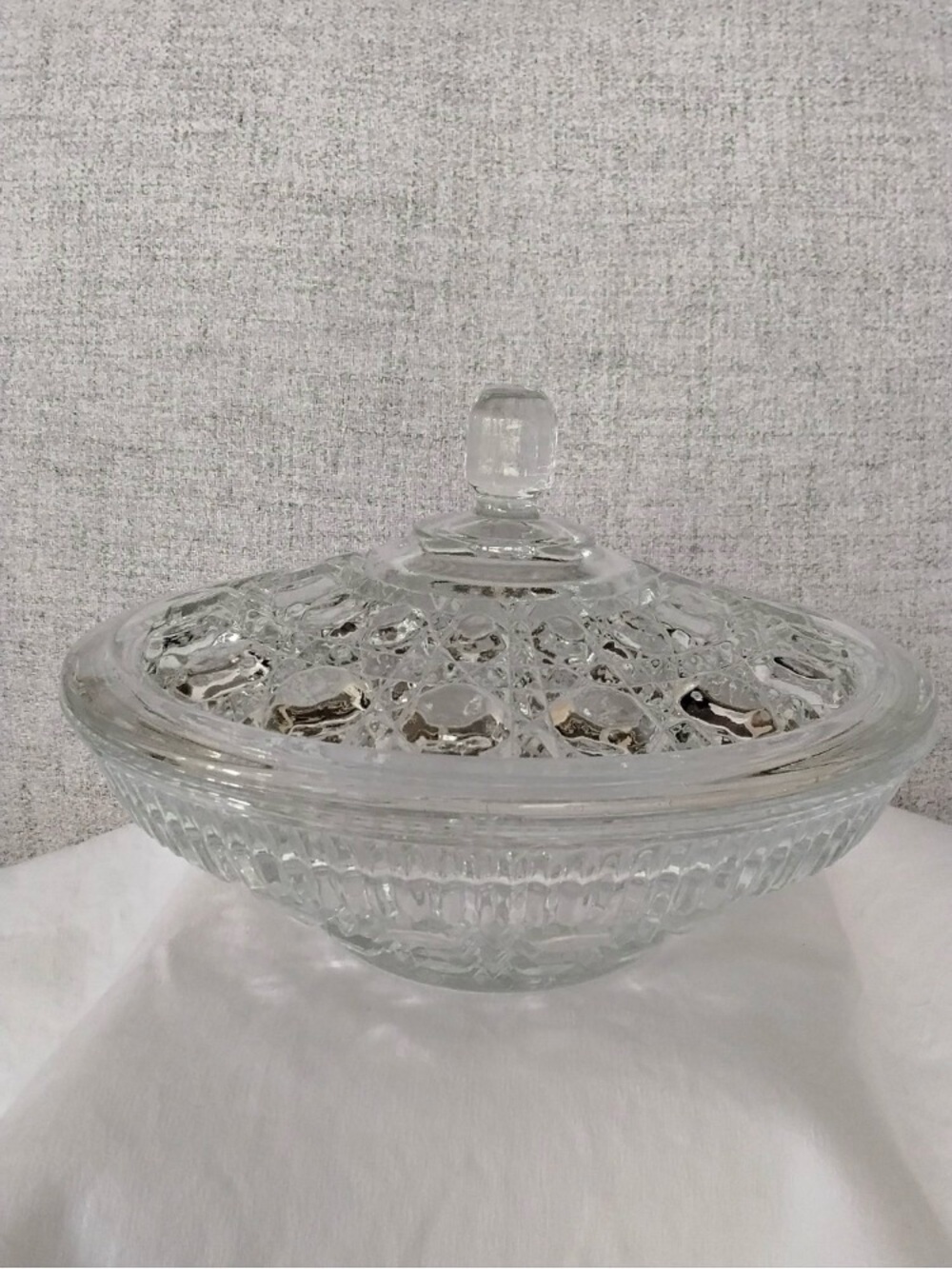 Clear Pressed Glass Covered Serving Bowl with Decorative Lid
